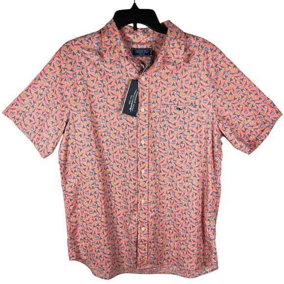 Vineyard Vines Pineapple Cape Cocktails Shirt Medium S/S Coral Pink Yellow NEW! - Picture 1 of 12